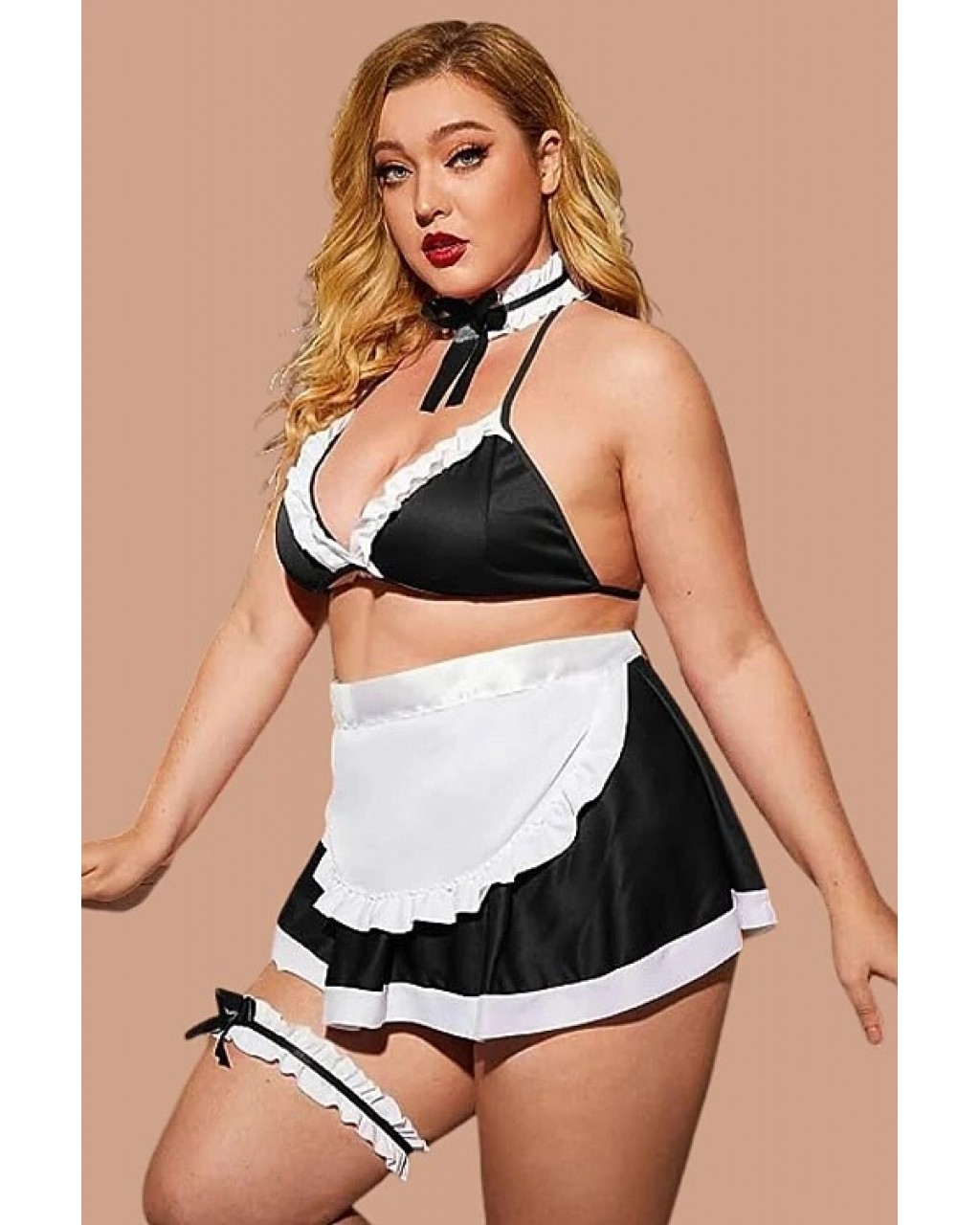 Hizmetci Siyah Yanları Saten Şık Fantezi Kostüm 3XL 4XL