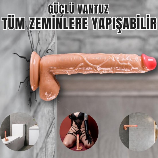 XL Realistik Dokuda Damarlı Dildo Vantuzlu Büyük Boy Gerçekçi Yapay Penis 27 CM